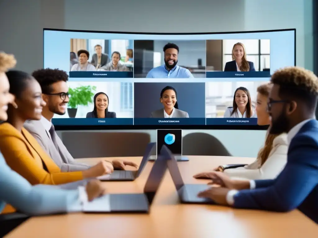 Conferencia virtual segura para profesionales y estudiantes Profesionales y estudiantes participan en una videoconferencia segura