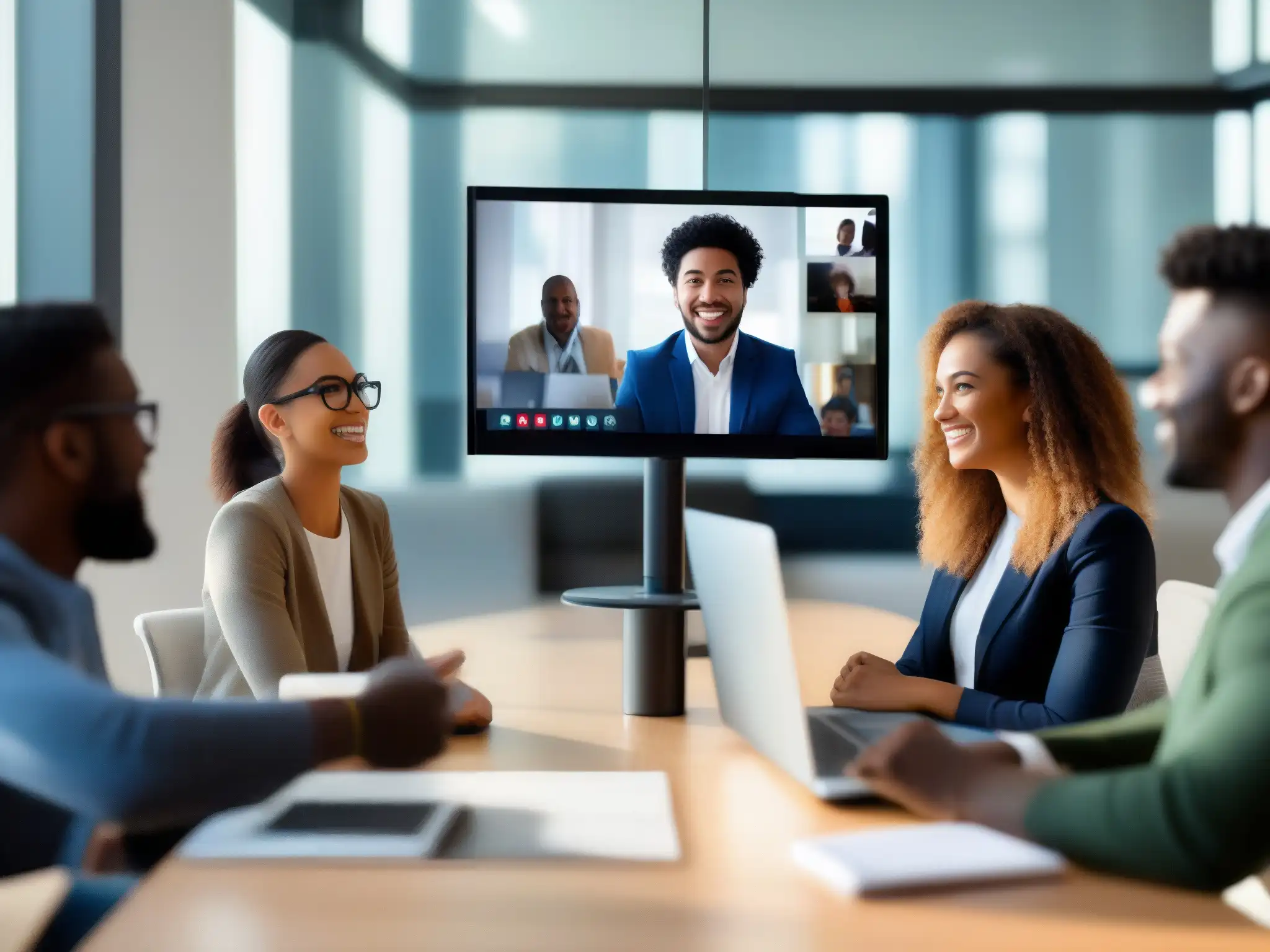 Videoconferencia de profesionales y estudiantes: colaboración dinámica Profesionales y estudiantes colaboran en videoconferencia, demostrando suscripciones para videoconferencias en un entorno inclusivo y productivo