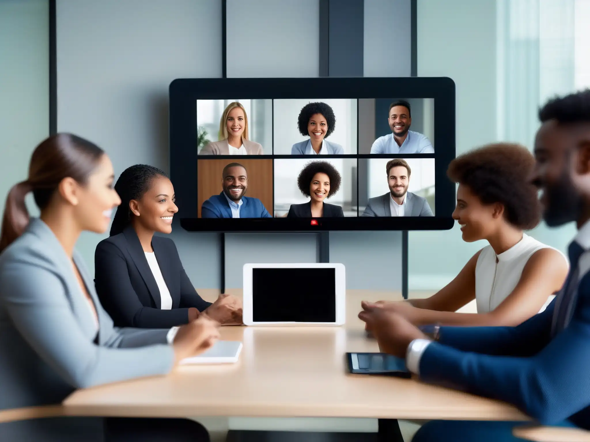 Videoconferencia profesional: diversidad y colaboración Profesionales y estudiantes en videoconferencia para tabletas y smartphones, en un ambiente colaborativo y profesional