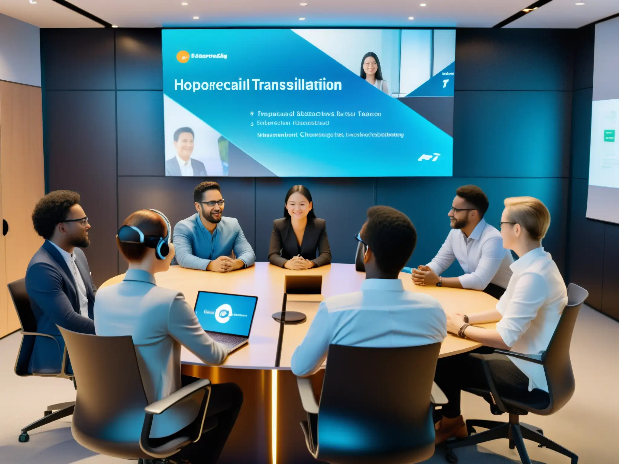 Reunión virtual con tecnología AI avanzada Profesionales y estudiantes en videoconferencia con tecnología holográfica y traducción en tiempo real, reflejando la integración de IA en herramientas de videoconferencia