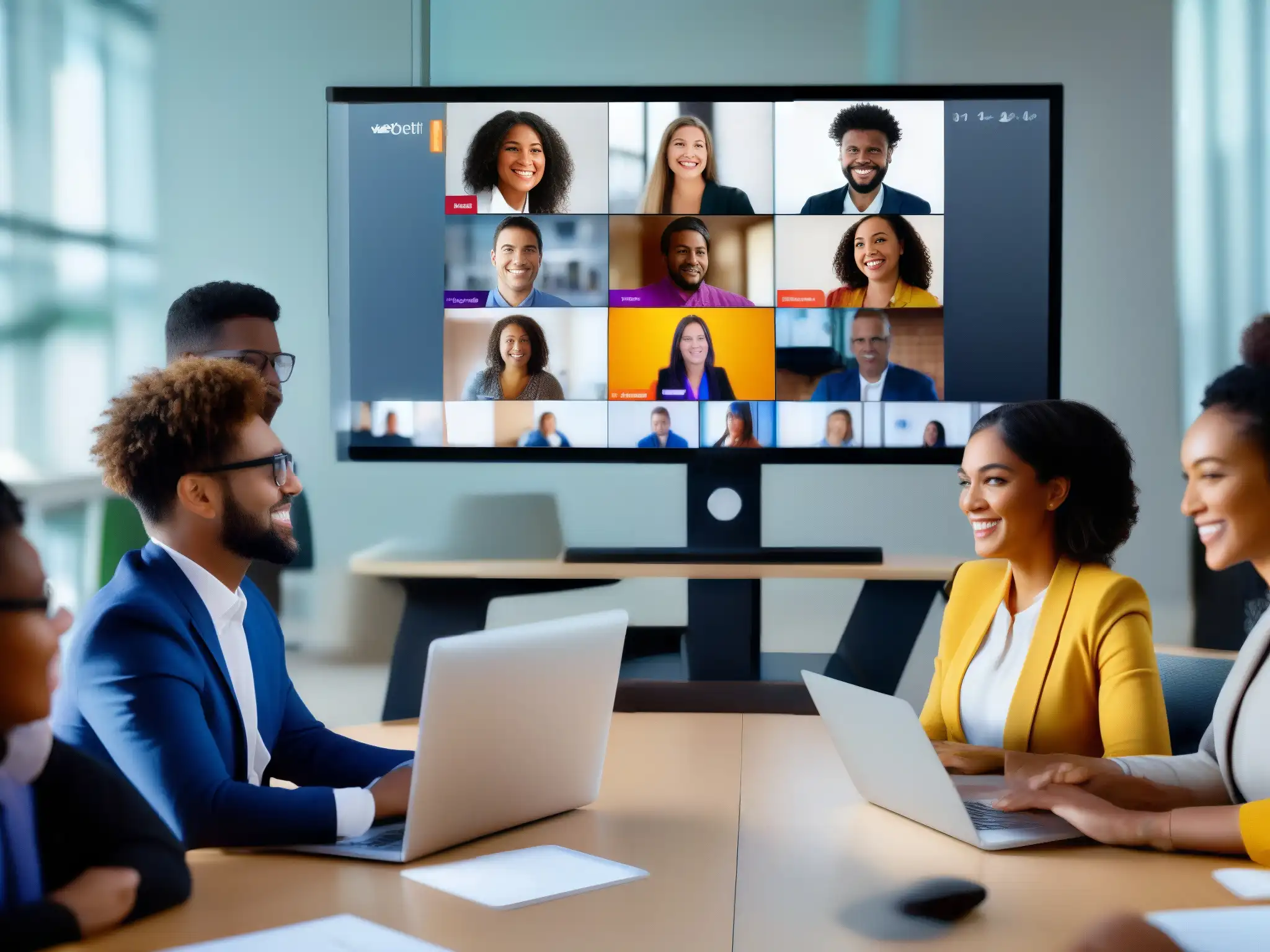 Videoconferencia colaborativa: profesionales y estudiantes innovadores Profesionales y estudiantes colaboran en videoconferencia, usando tecnología moderna y herramientas interactivas