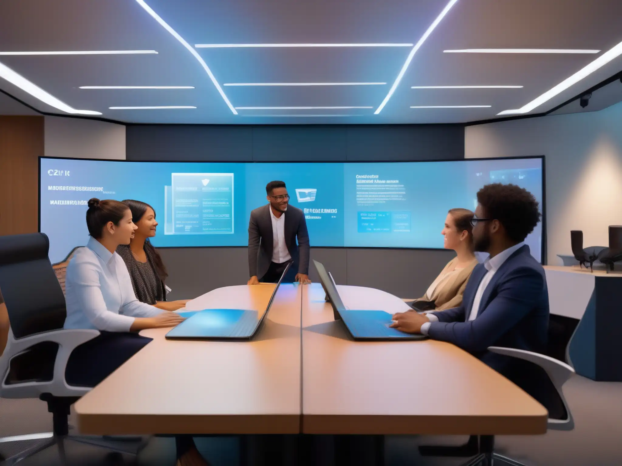 Conferencia virtual futurista con tecnología avanzada Profesionales y estudiantes en una videoconferencia con tecnologías emergentes y un ambiente colaborativo futurista
