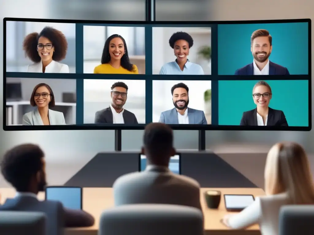Profesionales y estudiantes en videoconferencia segura Profesionales y estudiantes en videoconferencia, revisando términos de privacidad de diferentes herramientas de videoconferencia