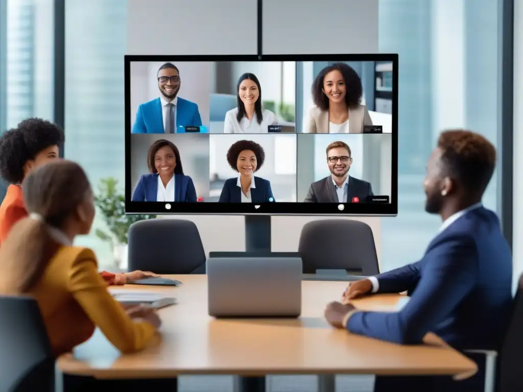 Videoconferencia multilingüe: profesionales y estudiantes innovadores Profesionales y estudiantes en videoconferencia con traducción simultánea, en un ambiente moderno e inclusivo