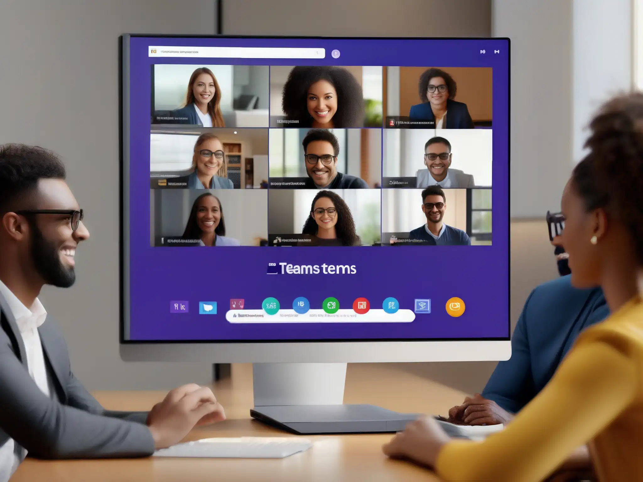 Conferencia virtual en Microsoft Teams: Diversidad y colaboración Profesionales y estudiantes participan en una videoconferencia a través de Microsoft Teams en múltiples dispositivos, destacando el rendimiento de videoconferencia en múltiples dispositivos