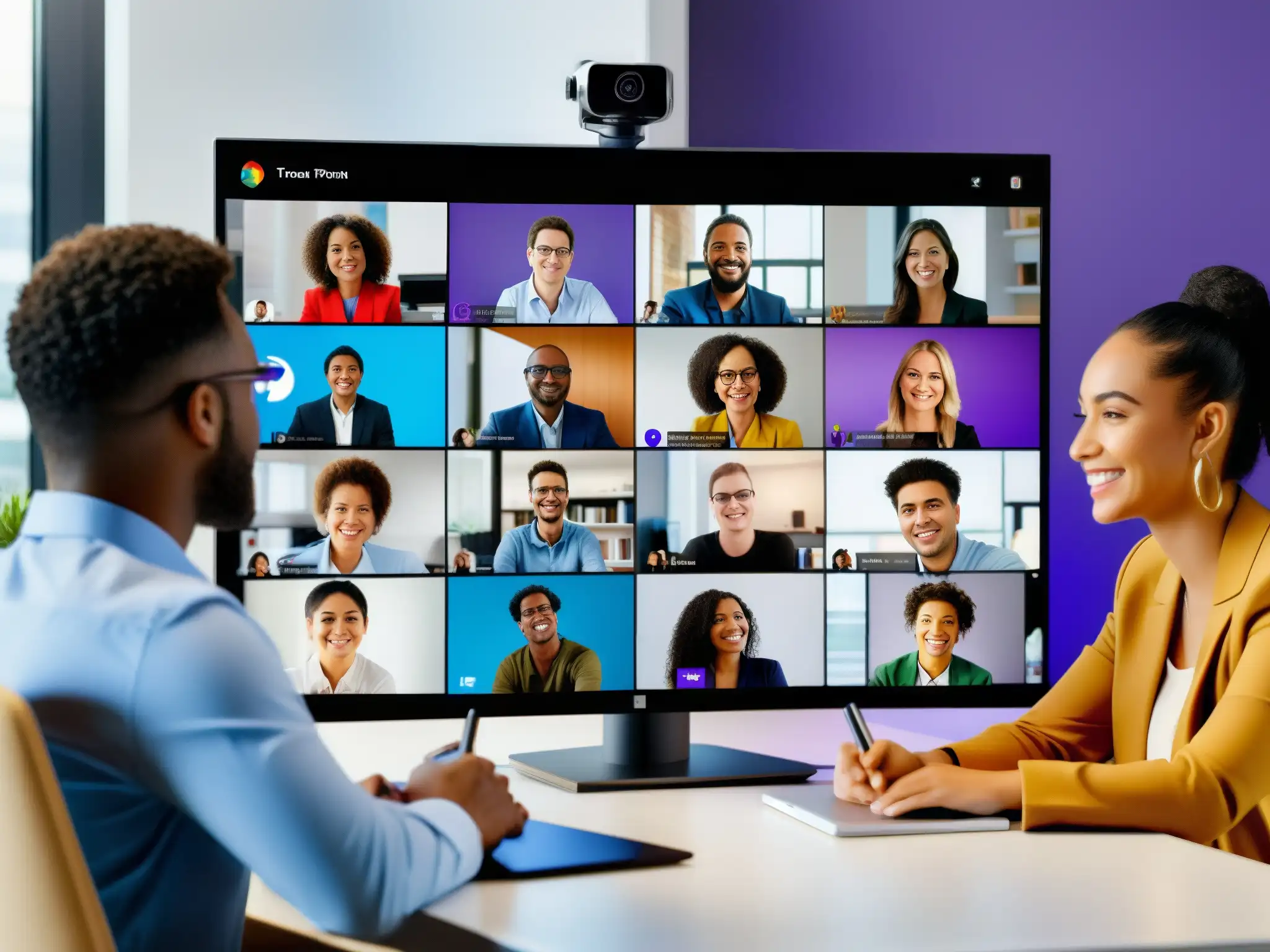 Videoconferencia dinámica en Microsoft Teams: profesionales y estudiantes colaborando Profesionales y estudiantes colaborando en videoconferencia en Microsoft Teams