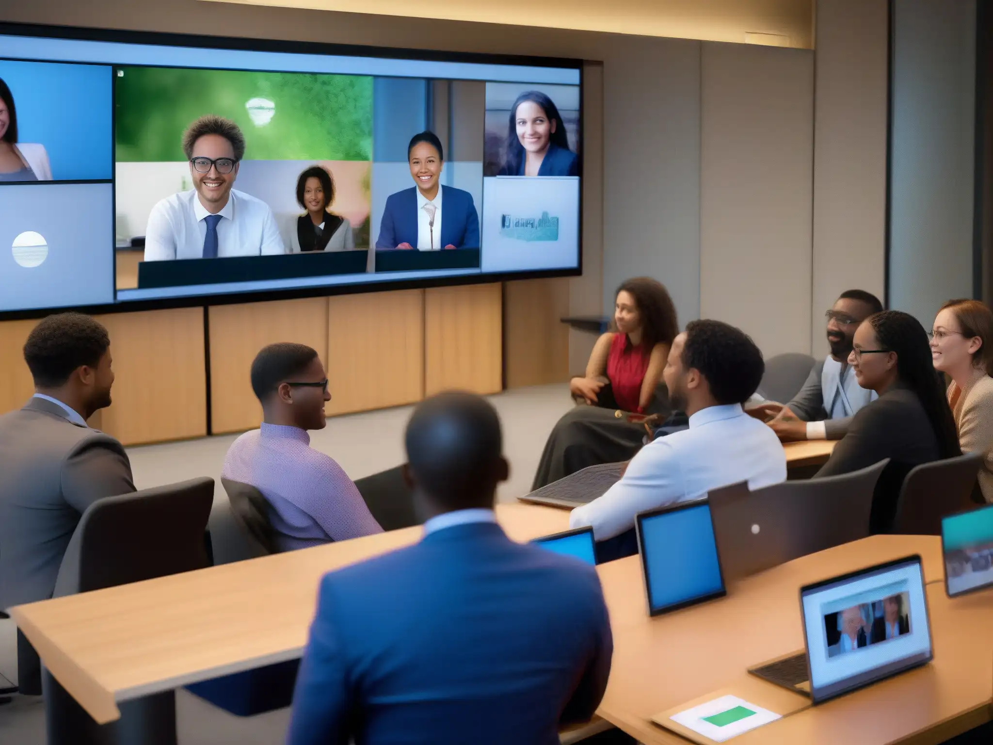 Colaboración sostenible: Videoconferencia para el desarrollo Profesionales y estudiantes colaborando en videoconferencias para apoyar Agenda 2030 en entornos sostenibles y modernos