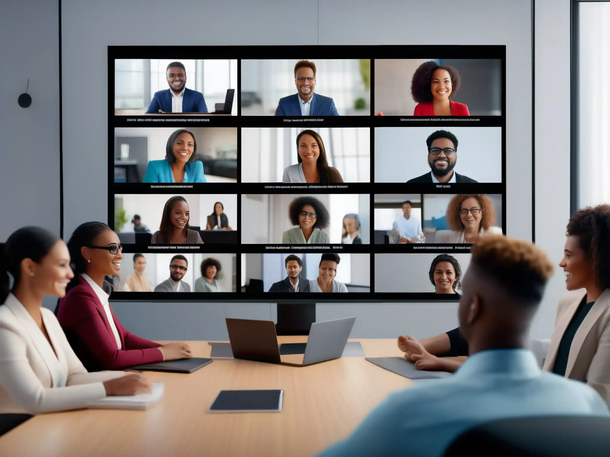 Videoconferencia inclusiva con profesionales y estudiantes en AR Profesionales y estudiantes participan en videoconferencias inclusivas en Realidad Aumentada, con énfasis en accesibilidad y diversidad