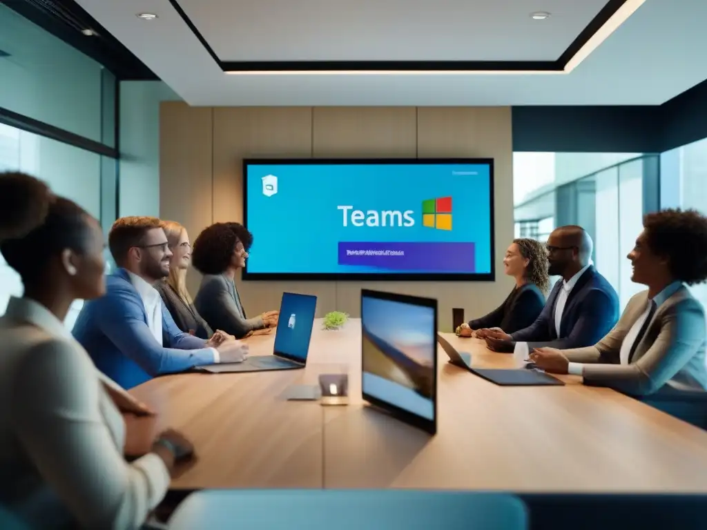 Conferencia dinámica en oficina moderna - Microsoft Teams Live Event Profesionales colaborando en un evento de Microsoft Teams Live en una oficina moderna y luminosa