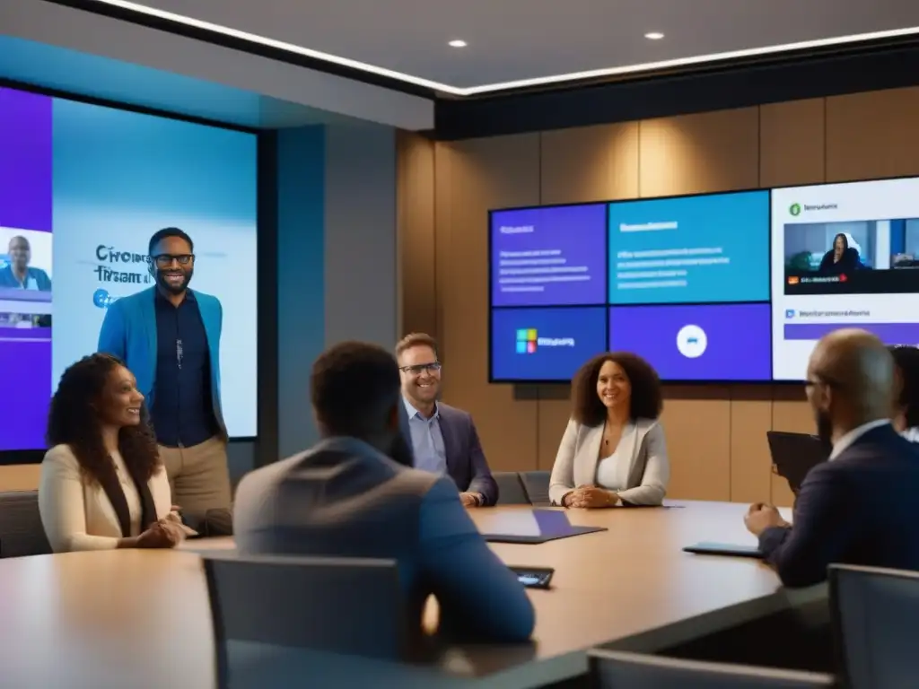 Profesionales activos en evento Microsoft Teams Profesionales participan en un evento de Microsoft Teams Live en una sala moderna, fomentando la colaboración y la innovación