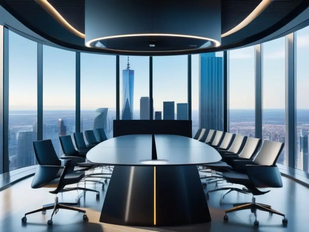 Sala de Juntas Financiera con Tecnología Zoom Profesionales financieros usan herramientas de videoconferencia en moderna sala de juntas con tecnología Zoom Room y vista panorámica a la ciudad