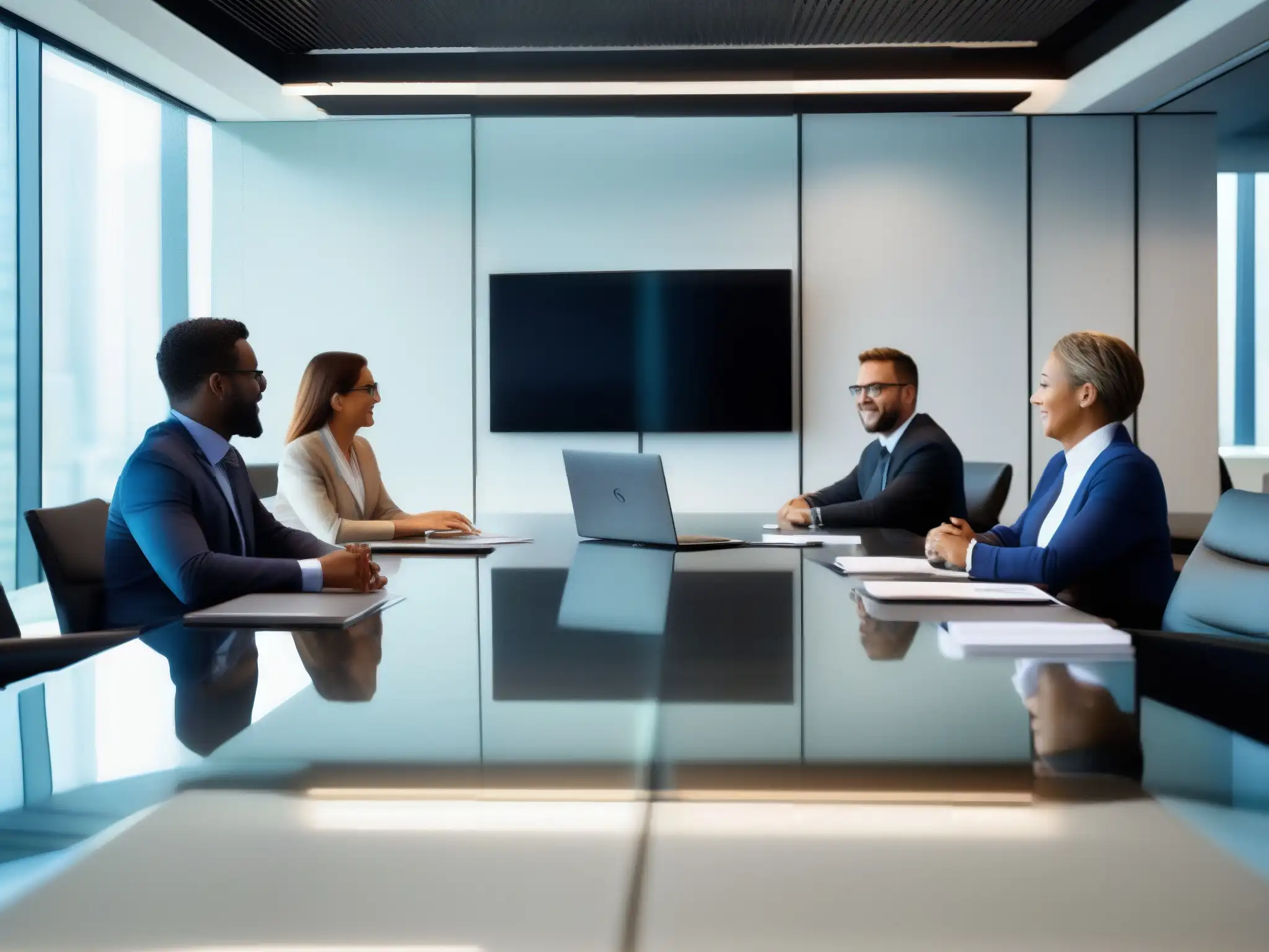 Reunión de profesionales financieros en oficina moderna Profesionales financieros usando herramientas de videoconferencia en una reunión colaborativa y moderna