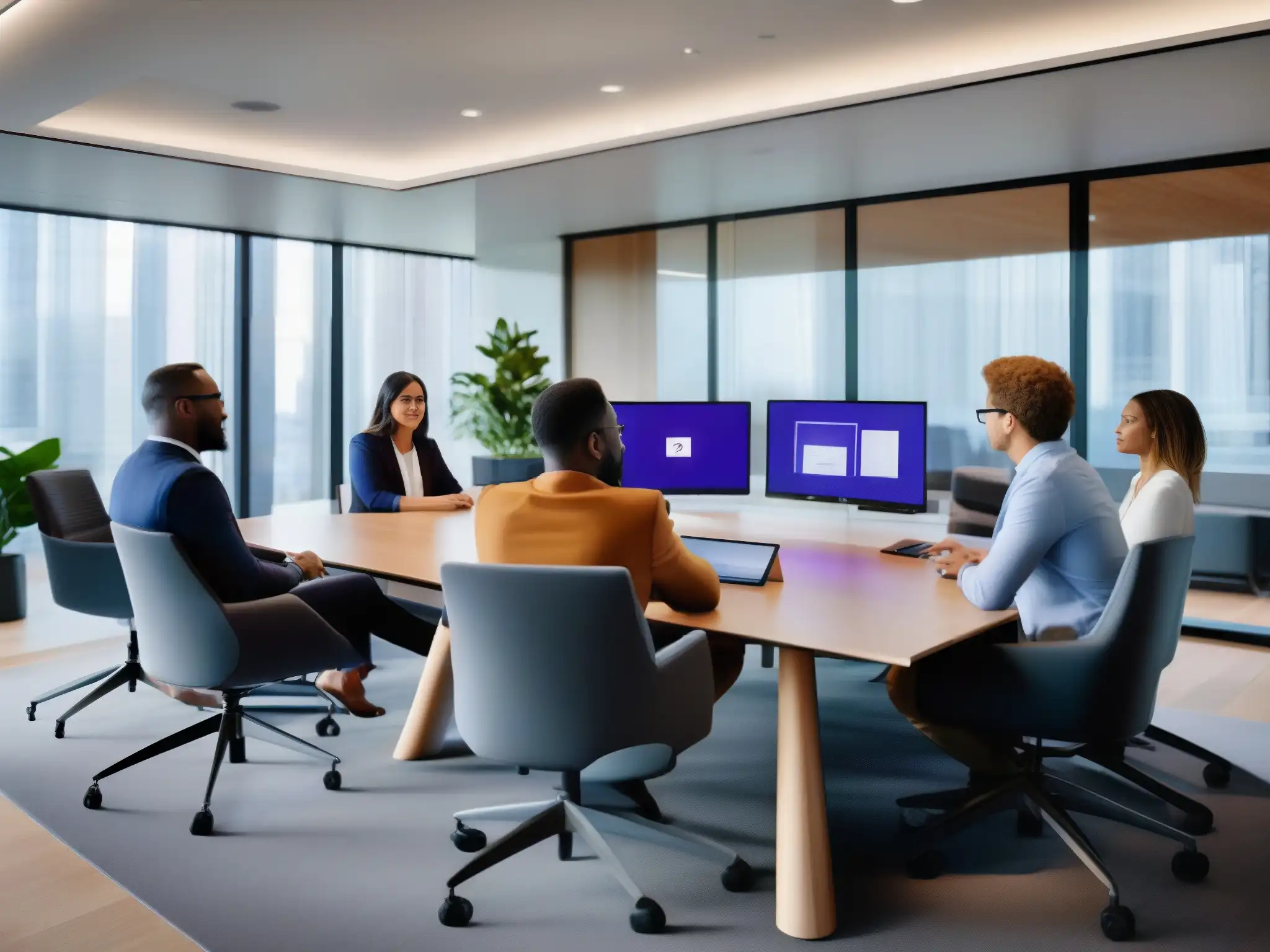 Equipo financiero innovador en oficina moderna con Microsoft Teams Profesionales financieros colaborando con Microsoft Teams, mostrando el impacto en la productividad de la industria financiera