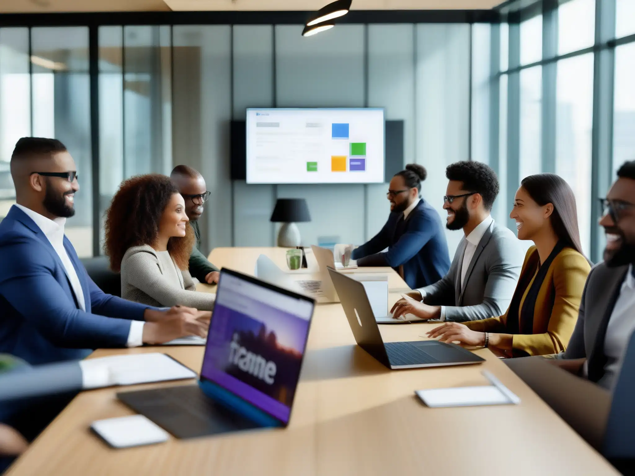 Profesionales financieros colaborando en Microsoft Teams Profesionales financieros colaborando con Microsoft Teams en moderna oficina, resaltando impacto y productividad en la industria financiera