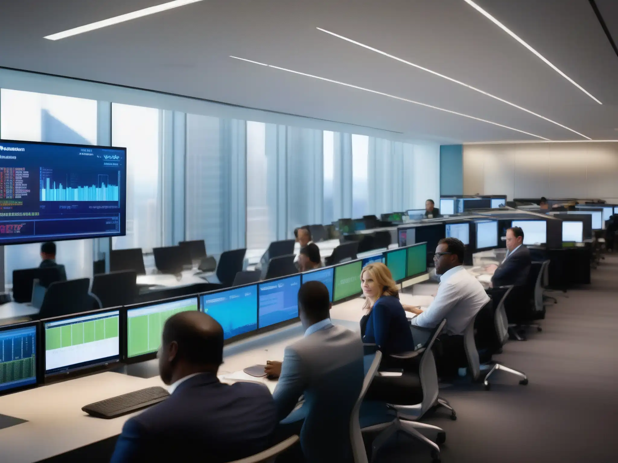 Equipo financiero de JPMorgan Chase en acción Profesionales financieros colaboran en moderna sala de operaciones, impacto productividad Microsoft Teams industria financiera