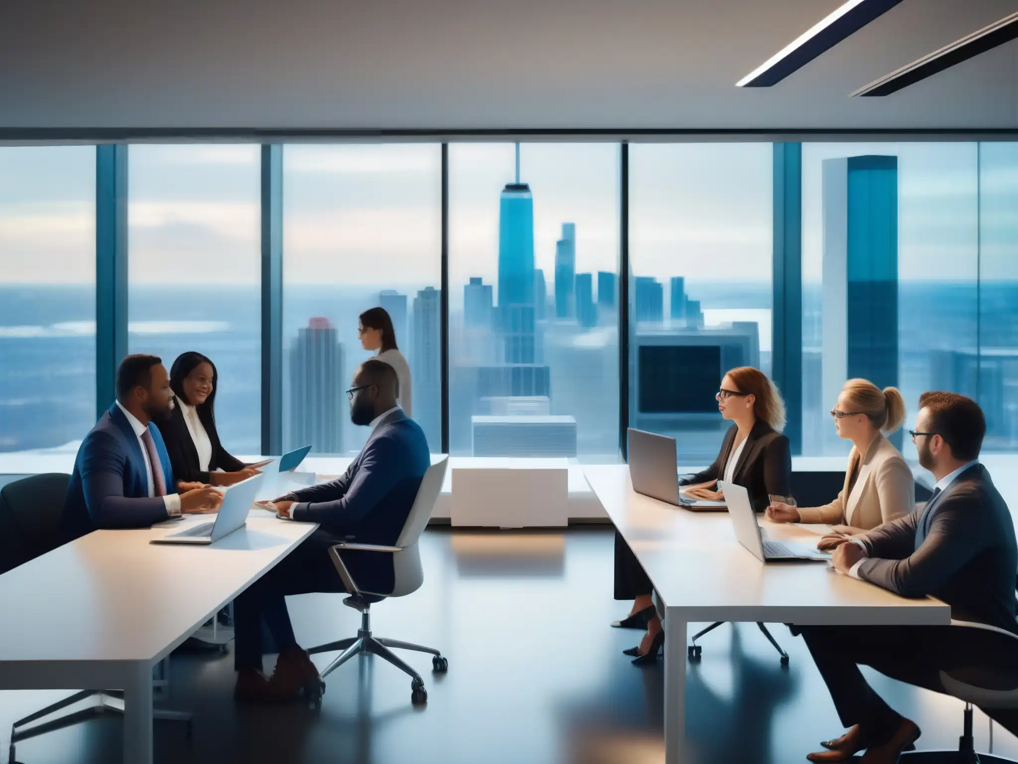Equipo financiero innovador en oficina moderna Profesionales financieros colaborando en una oficina moderna con vista a la ciudad, discuten datos financieros en pantalla