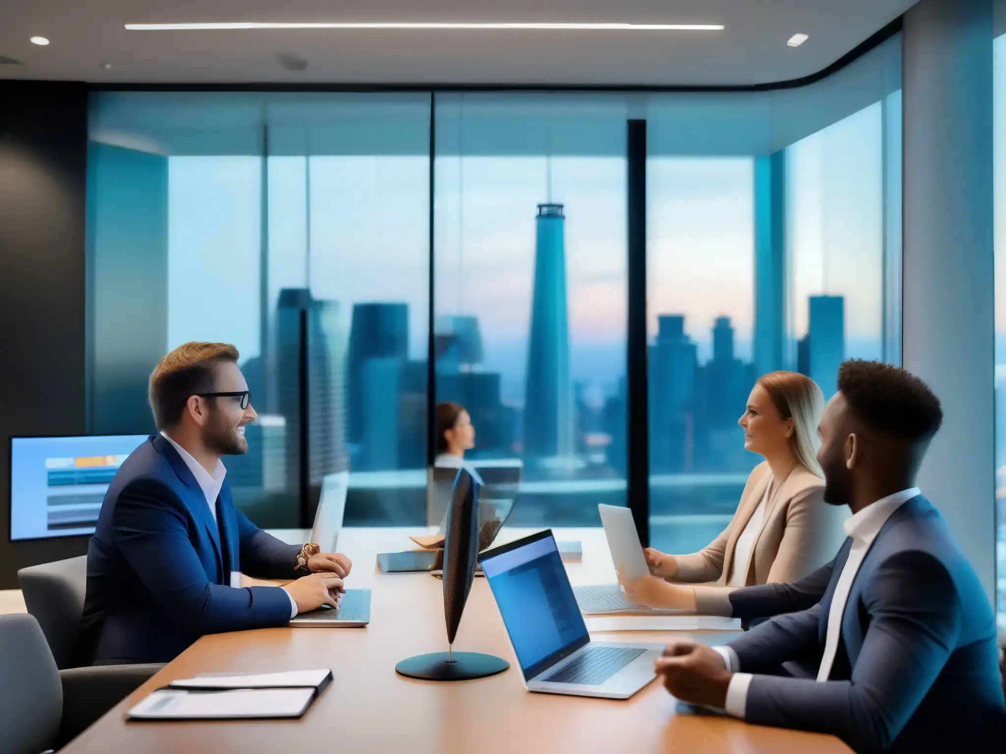 Reunión financiera dinámica en GoToMeeting Profesionales financieros en videoconferencia, debatiendo tendencias de mercado y estrategias de inversión