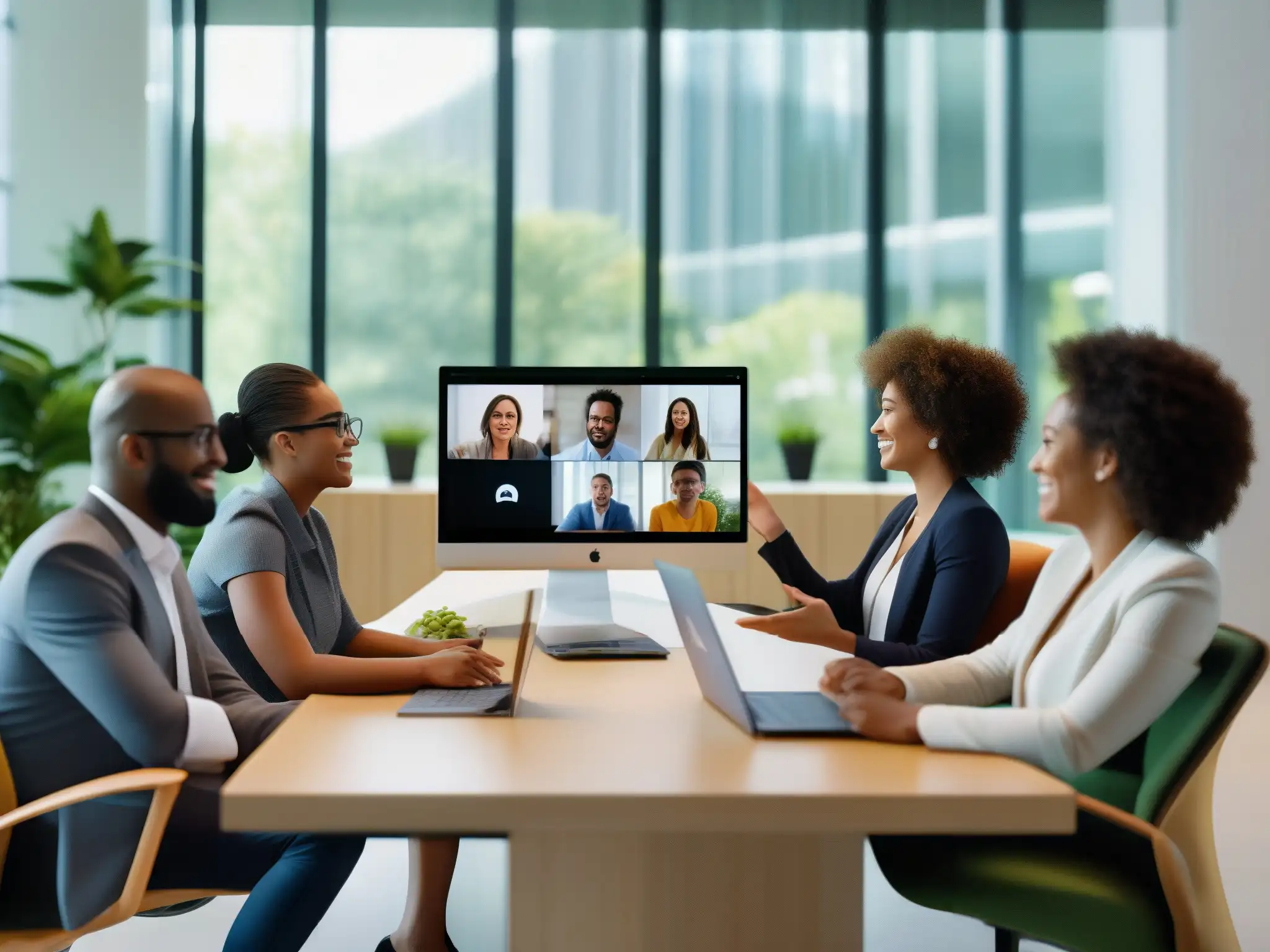 Reunión virtual de profesionales dinámicos con Amazon Chime Profesionales utilizan funciones avanzadas de Amazon Chime para PYMES en una videoconferencia dinámica en una oficina contemporánea