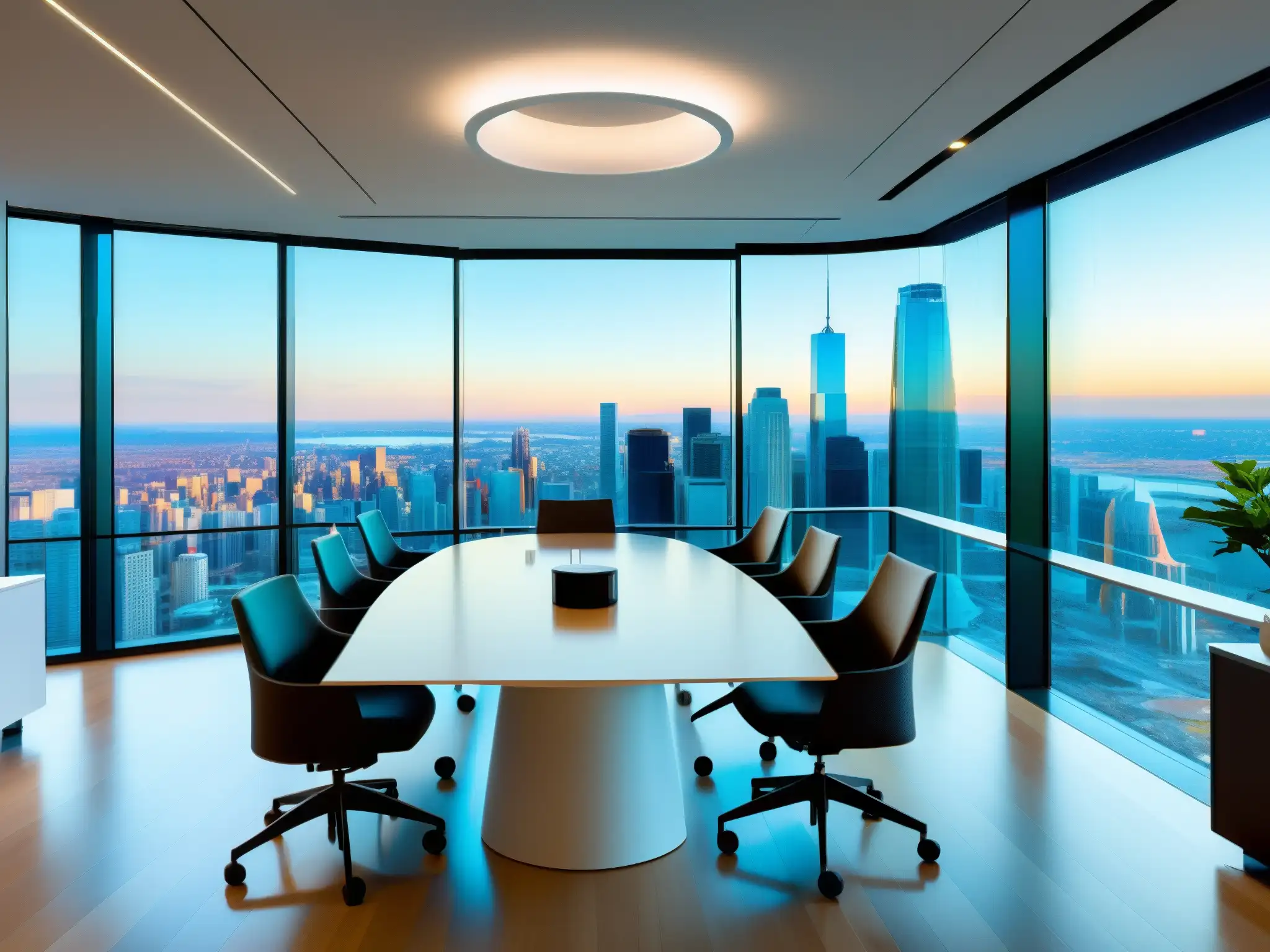 Sala de reuniones moderna con tecnología Webex Profesionales usan Funciones Webex comunicación empresarial en una sala de reuniones moderna y luminosa con vista a la ciudad