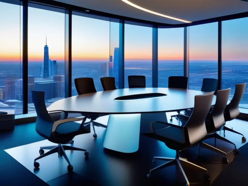Salón de reuniones futurista con videoconferencia de última generación Profesionales del futuro en una videoconferencia futurista con integración tecnológica y colaboración fluida en una sala con vistas a la ciudad