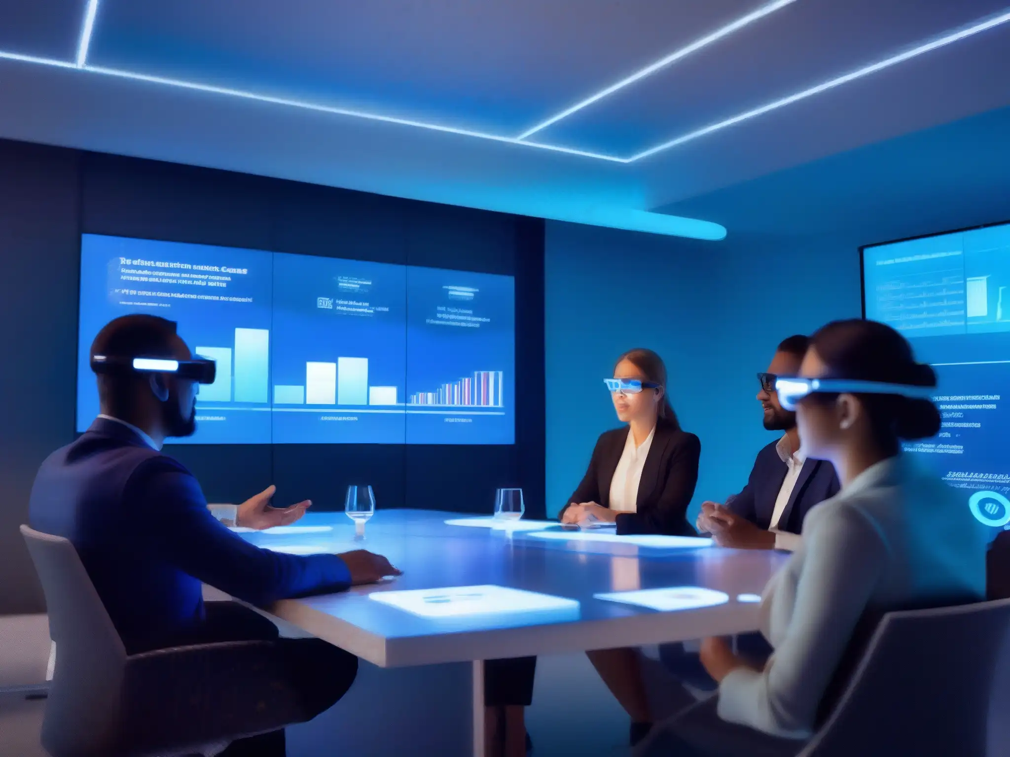 Profesionales con AR en sala de reuniones futurista Profesionales usan gafas de AR en una moderna sala de conferencias