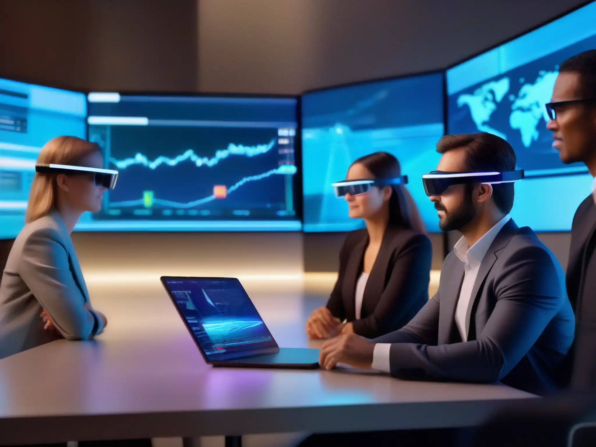Conferencia virtual futurista con AR holográfico Profesionales usando gafas AR en una videoconferencia, integración realidad aumentada videoconferencias en un ambiente innovador y eficiente