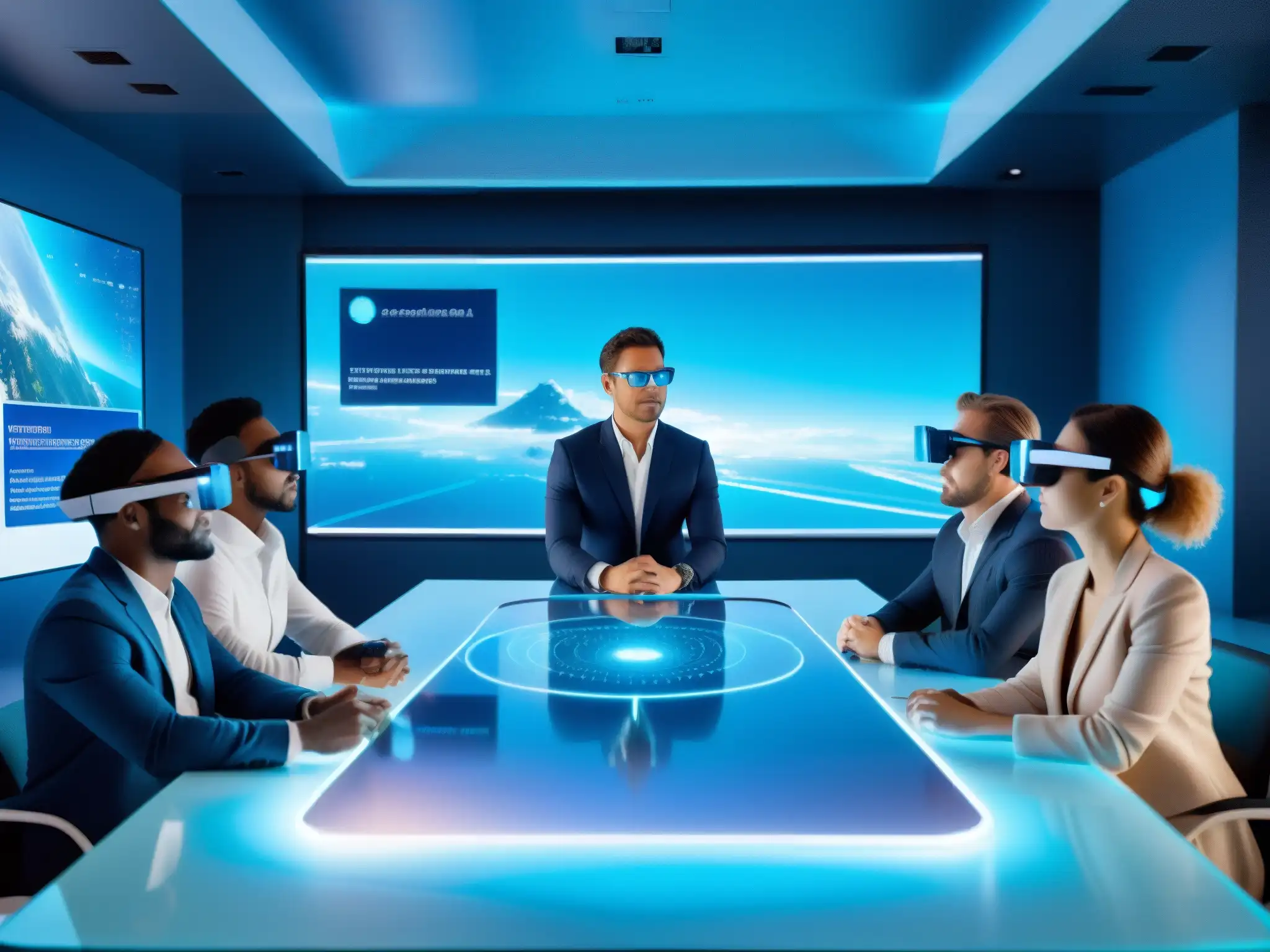 Conferencia de Realidad Aumentada y AI futurista Profesionales con gafas de realidad aumentada interactúan con algoritmos de IA en una mesa holográfica