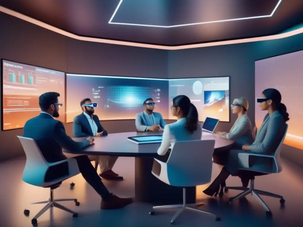 Conferencia virtual con gafas de AR y hologramas Profesionales usando gafas de realidad aumentada en videoconferencia, interactuando con hologramas 3D