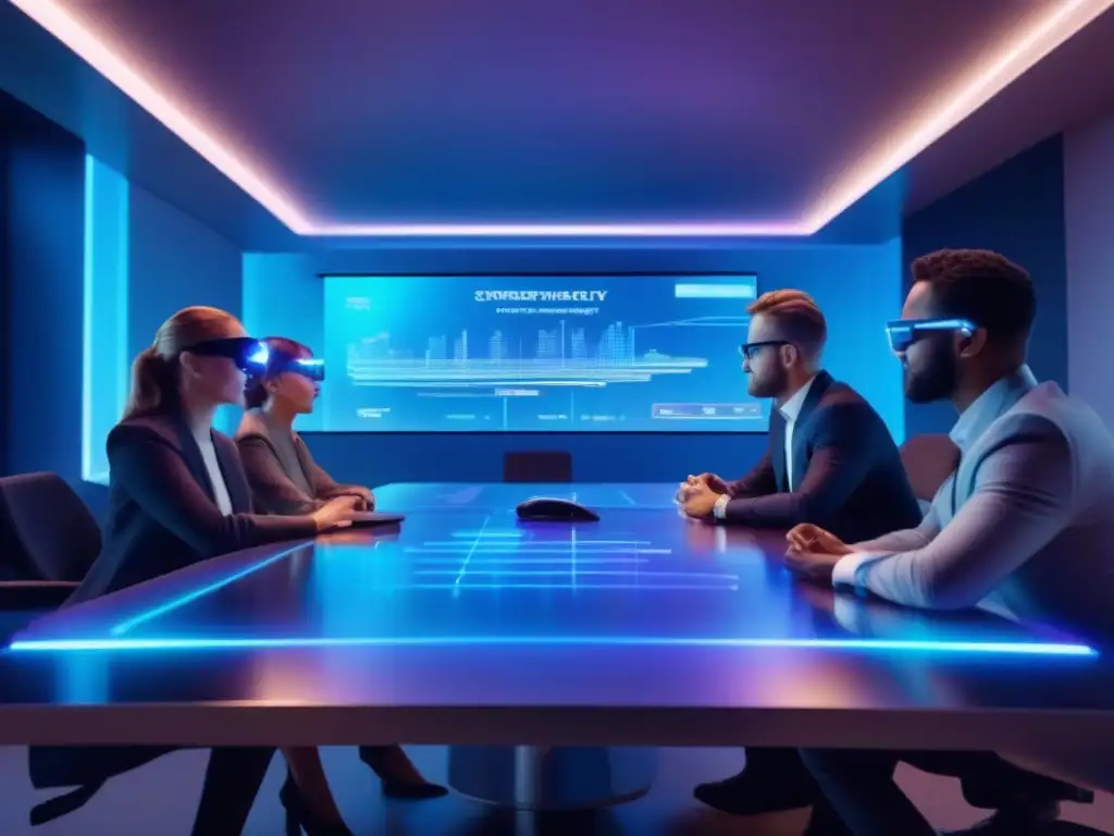 Reunión de profesionales con hologramas y realidad aumentada Profesionales usando gafas de realidad aumentada en conferencia futurista con proyección holográfica