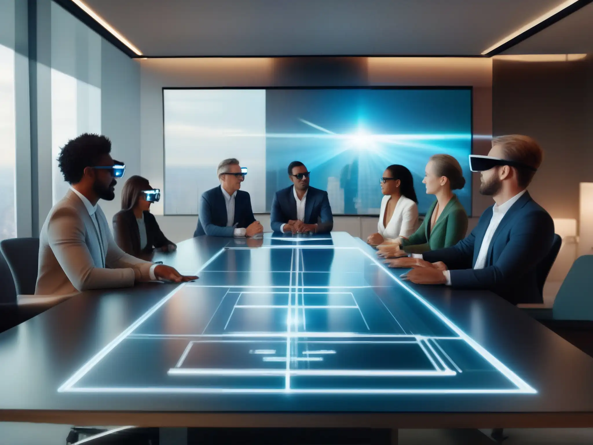 Profesionales usando gafas de realidad aumentada en reunión virtual 3D Profesionales usando gafas de realidad aumentada en una videoconferencia, interactuando con un modelo 3D holográfico