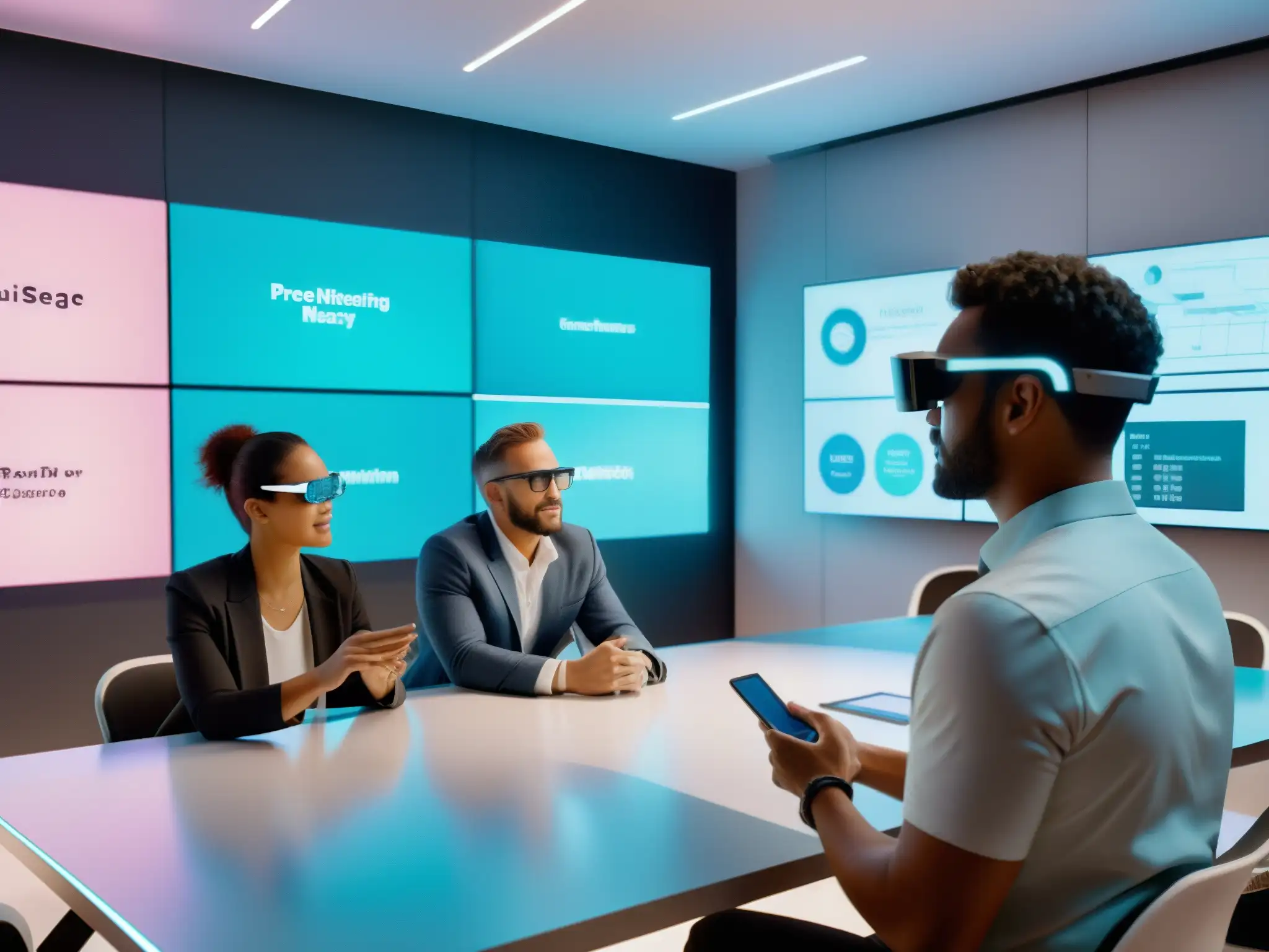 Reunión virtual de profesionales con gafas de realidad aumentada Profesionales con gafas de realidad aumentada en videoconferencias, interactuando con modelos 3D y visualizaciones de datos