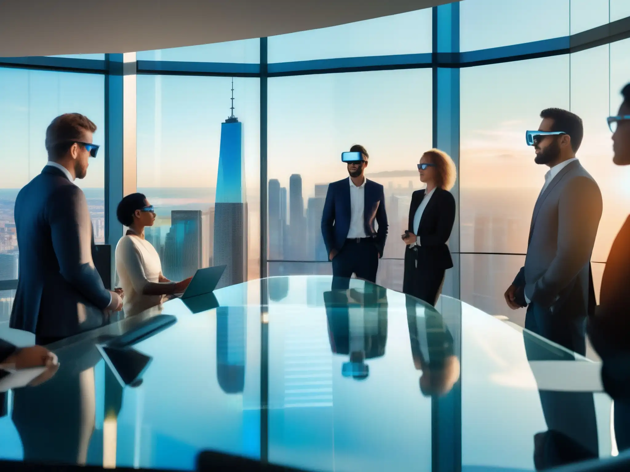 Reunión con gafas de realidad aumentada en oficina moderna Profesionales con gafas de realidad aumentada en videoconferencias corporativas en una moderna sala de juntas con vistas a la ciudad
