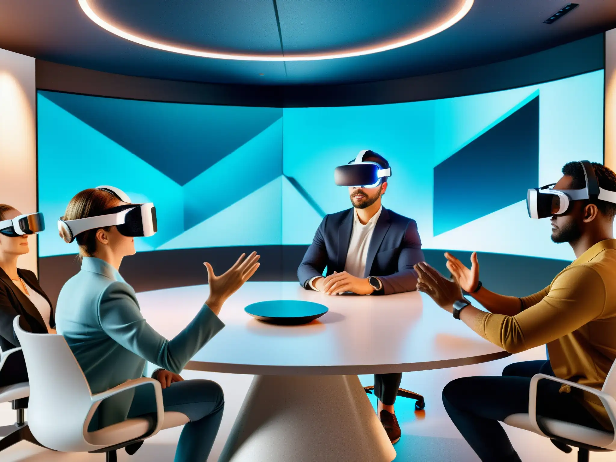 Profesionales en VR colaboran en sala virtual 8K Profesionales diversos usan VR en dinámica de grupo en videoconferencias, mostrando colaboración y inmersión en entorno virtual de alta tecnología