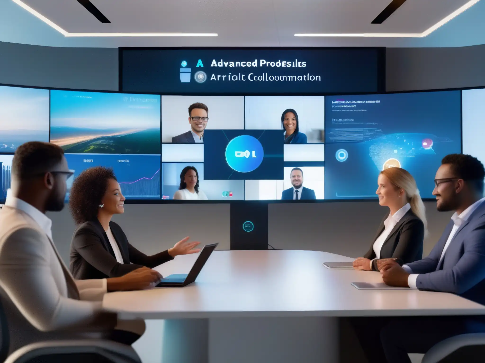Profesionales diversificados en videoconferencia con IA avanzada Profesionales diversos utilizan herramientas de Inteligencia Artificial en videoconferencias, creando un ambiente innovador y colaborativo