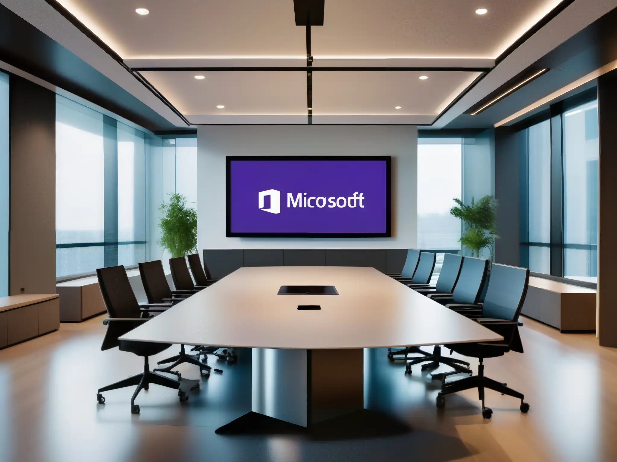 Sala de conferencias moderna con videoconferencia en Microsoft Teams Profesionales colaborando con herramientas de Microsoft Teams en sala de conferencias moderna y eficiente