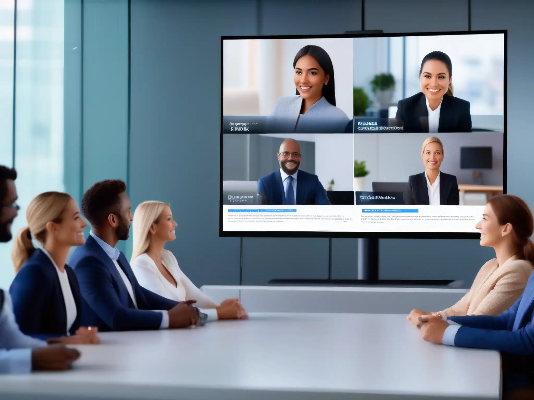 Videoconferencia 5G: Profesionales enfocados y colaborativos Profesionales usando herramientas de videoconferencia 5G comparativa en una reunión virtual, mostrando colaboración y enfoque
