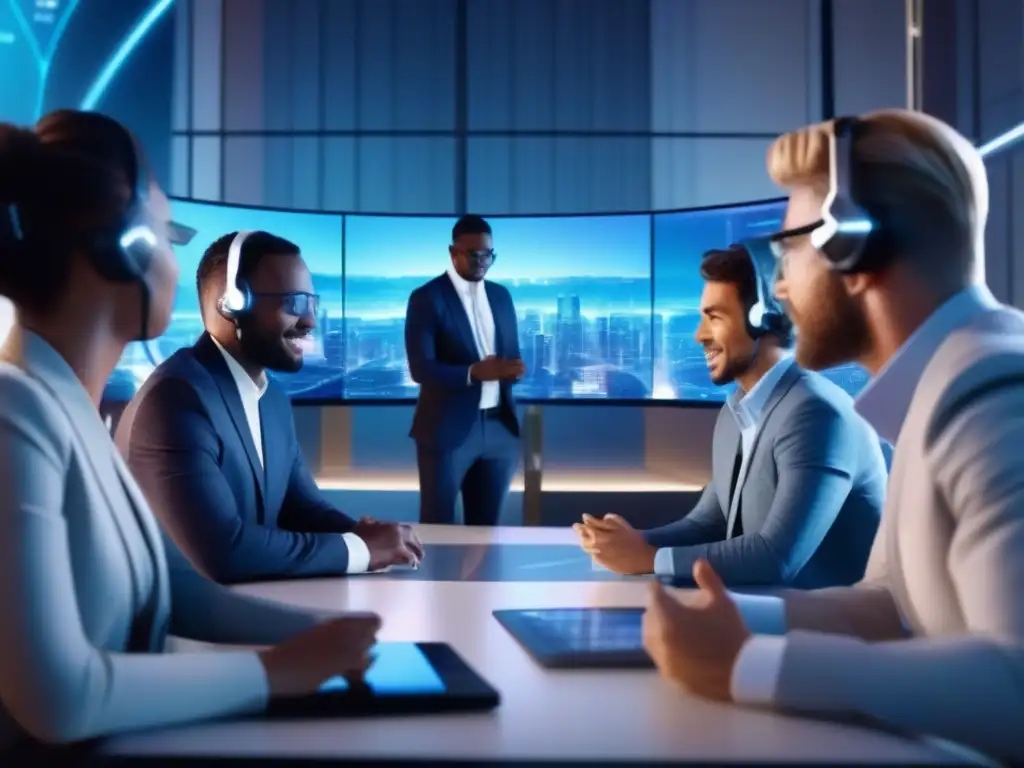 Videoconferencia futurista: profesionales interactúan con hologramas Profesionales usan herramientas de videoconferencia con fondos virtuales en una reunión con elementos virtuales futuristas