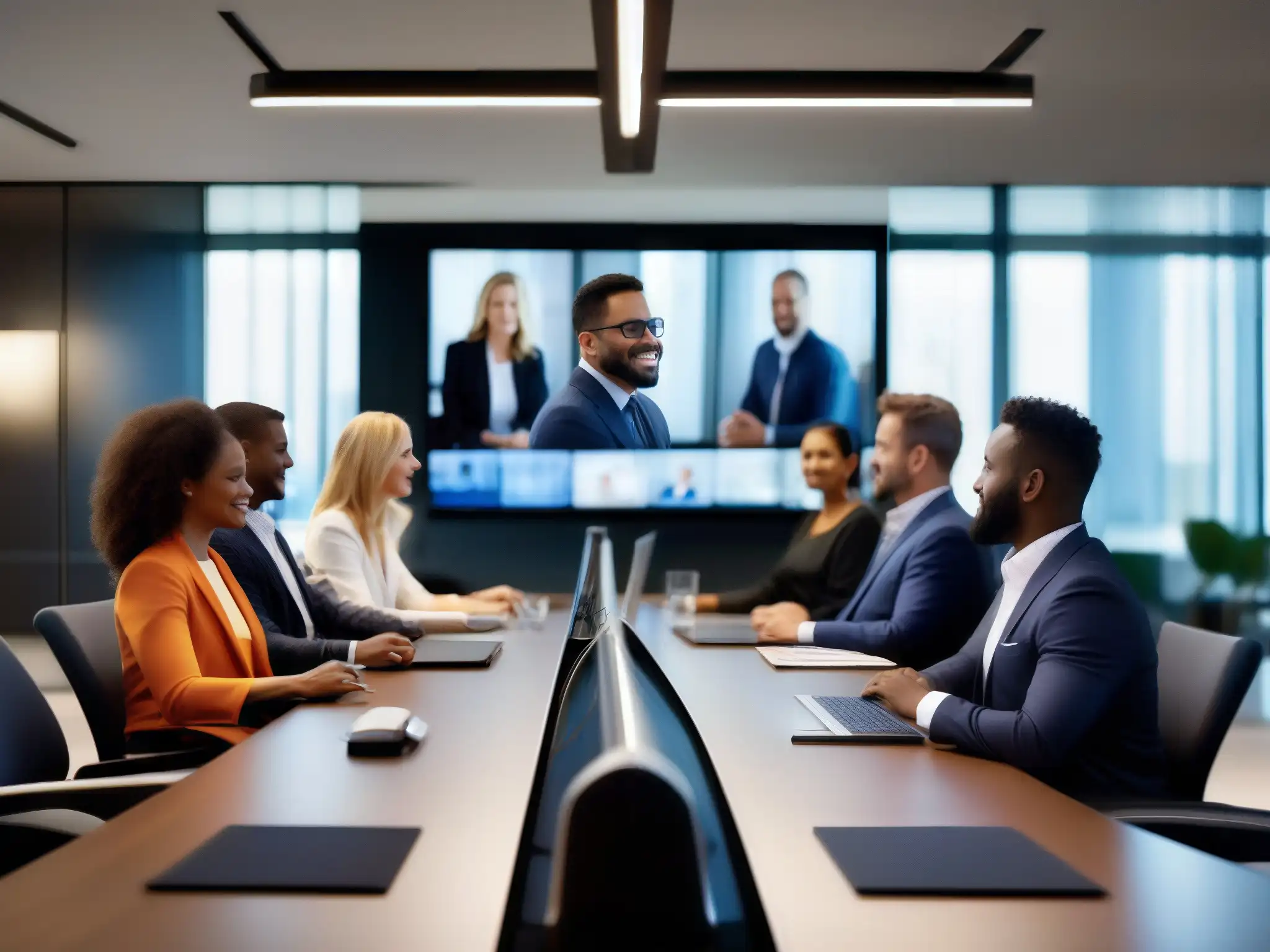 Sala de conferencias moderna con dinámica de equipo profesional Profesionales usando herramientas de videoconferencia modernas en una sala de reuniones