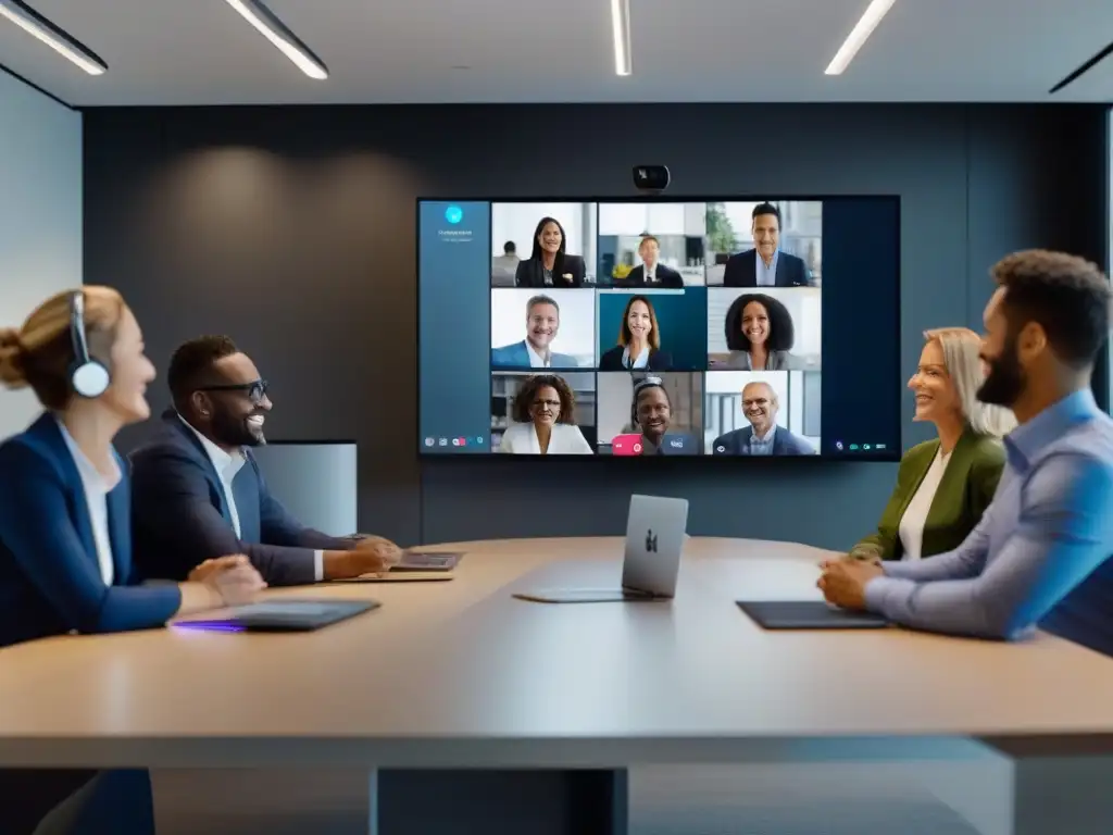 Colaboración global en oficina moderna Profesionales utilizan herramientas de videoconferencia para PYMES en una oficina moderna y elegante, mostrando colaboración global