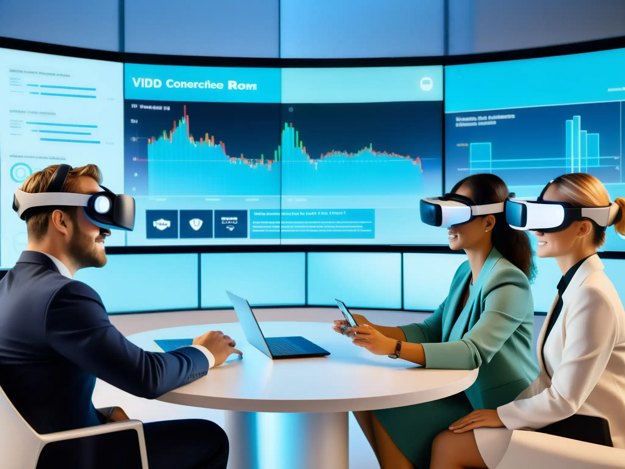 Reunión Virtual Inmersiva vs Profesionales usando herramientas de videoconferencia de realidad virtual en una sala futurista, contrastando con una videoconferencia tradicional