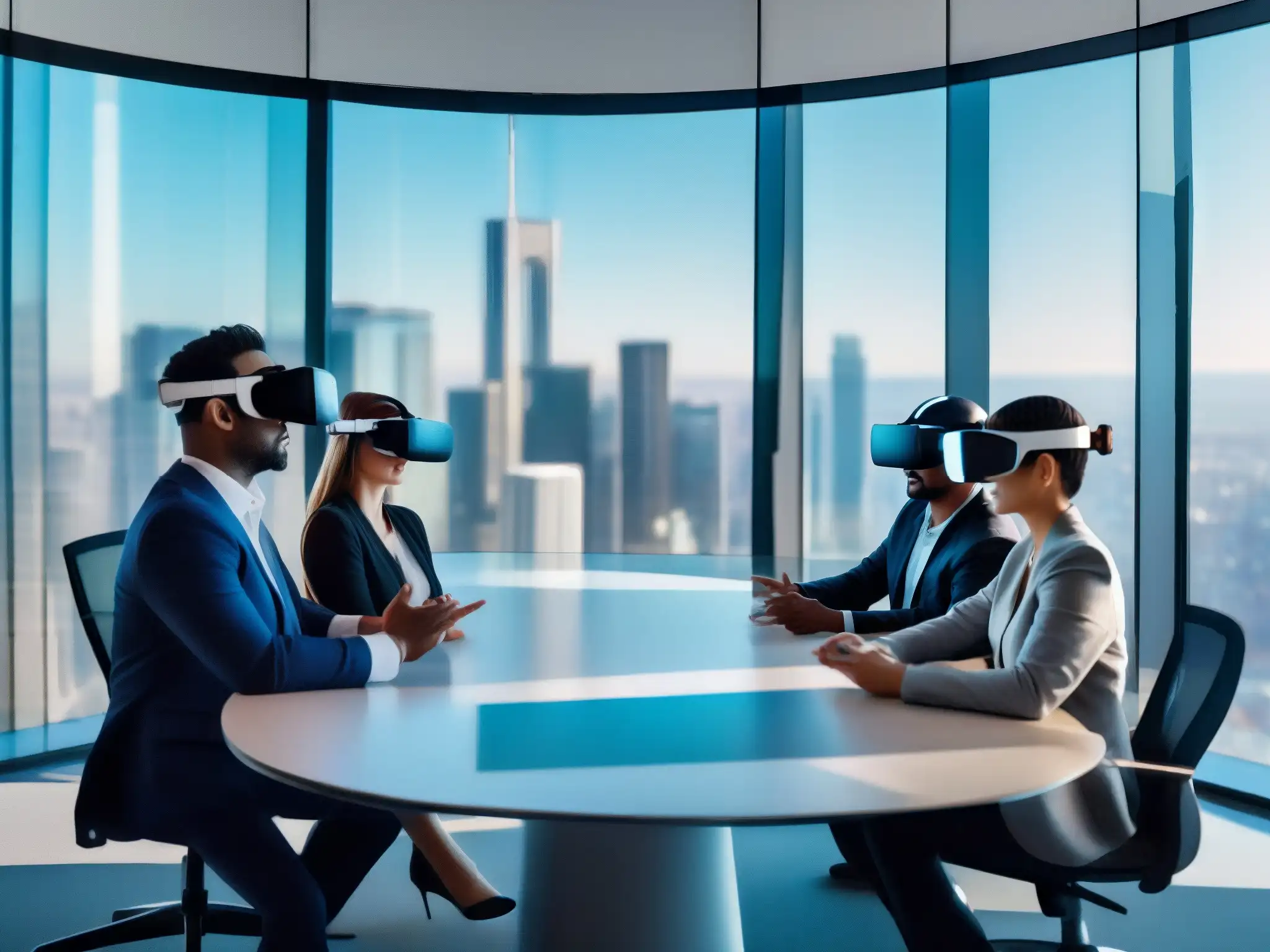 Profesionales inmersos en reunión virtual con VR en ciudad moderna Profesionales usan herramientas de videoconferencia en realidad virtual para participar en una reunión innovadora con vista a la ciudad