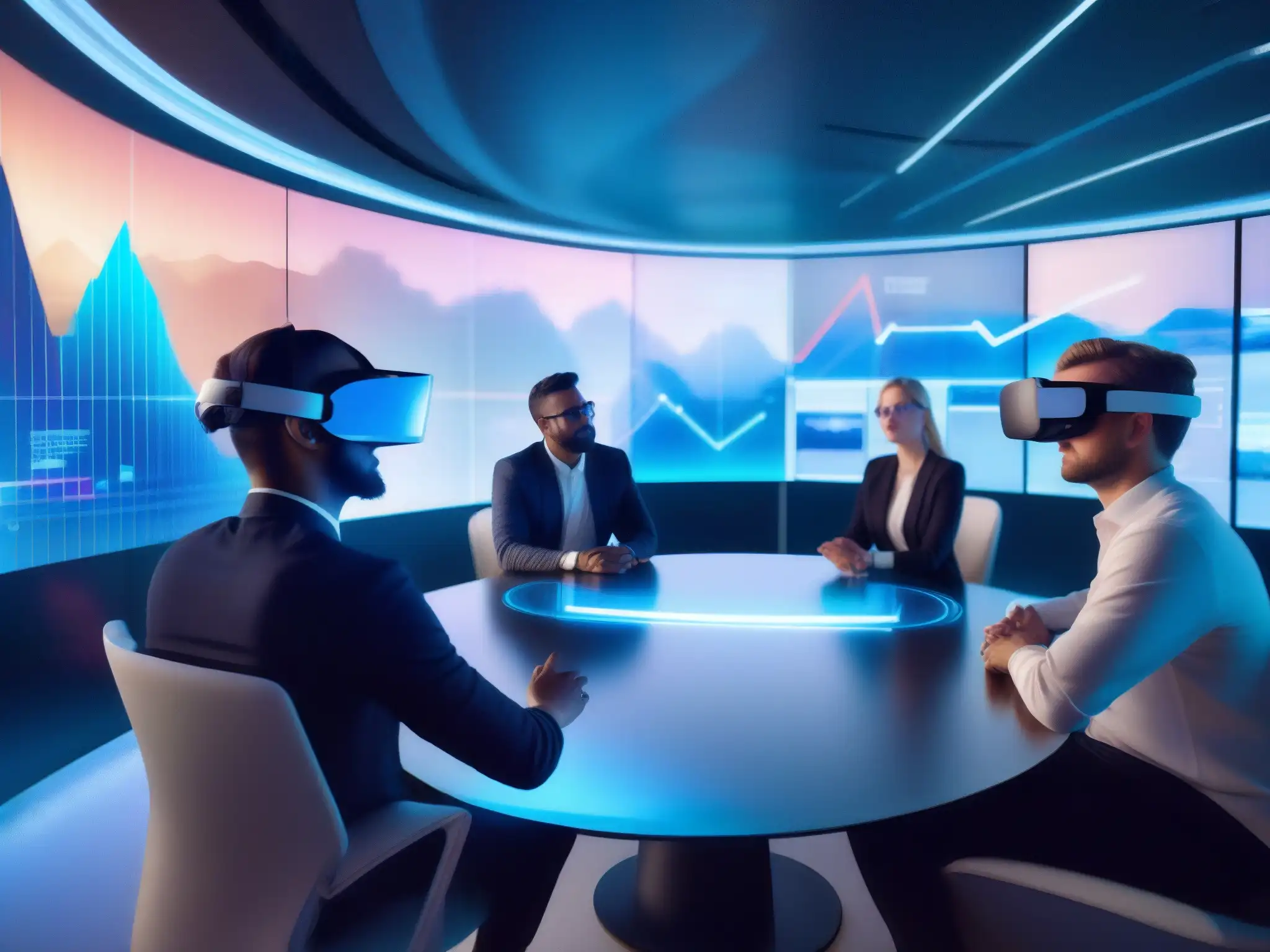 Profesionales en sala de conferencias virtuales Profesionales utilizan herramientas de videoconferencia y realidad virtual en una sala futurista con pantallas holográficas