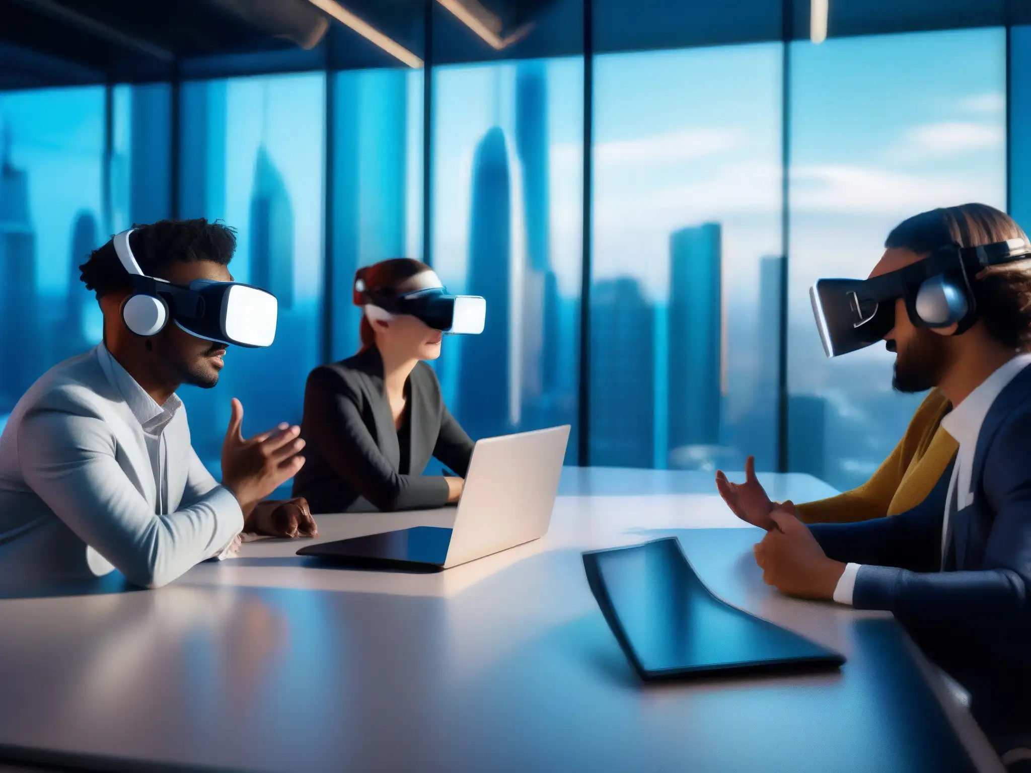 Profesionales inmersos en realidad virtual en una conferencia innovadora Profesionales usan herramientas de videoconferencia realidad virtual en sala futurista, colaborando con entusiasmo