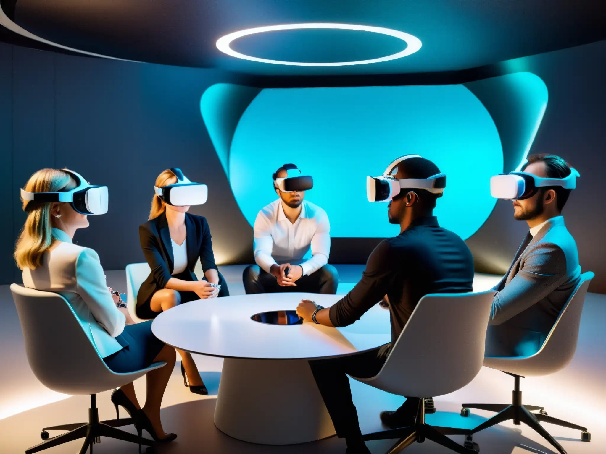 Reunión virtual con realidad virtual: Profesionales en acción Profesionales usando herramientas de videoconferencia en realidad virtual, inmersos en un ambiente futurista con pantallas holográficas