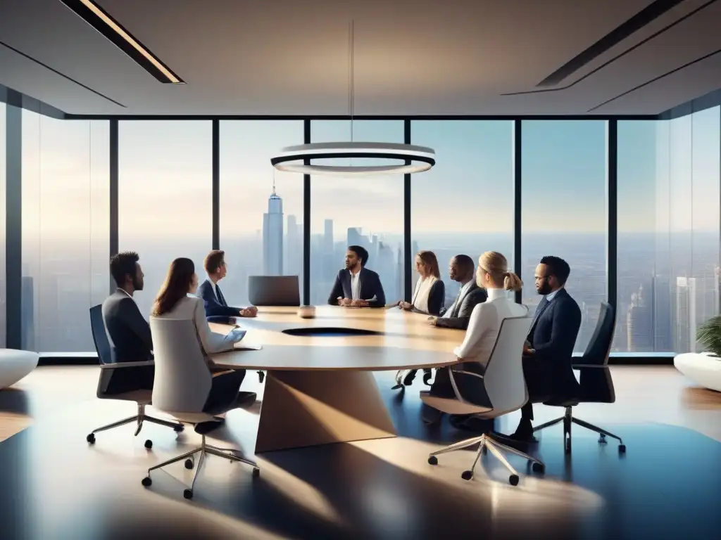 Sala de conferencias moderna con vista a la ciudad y tecnología Highfive Profesionales utilizan herramientas de videoconferencia para reuniones de ventas en una sala moderna con vista a la ciudad