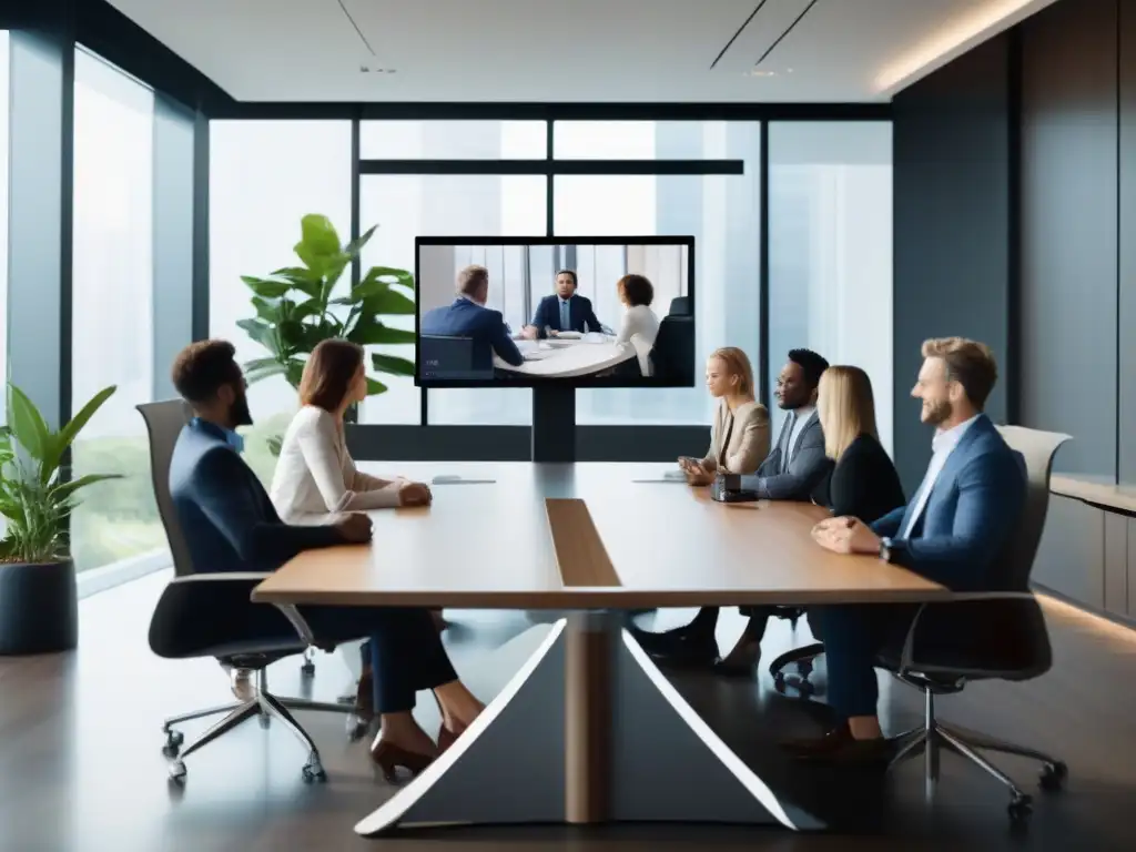 Reunión de profesionales en videoconferencia Profesionales usando herramientas de videoconferencia en una sala moderna y luminosa