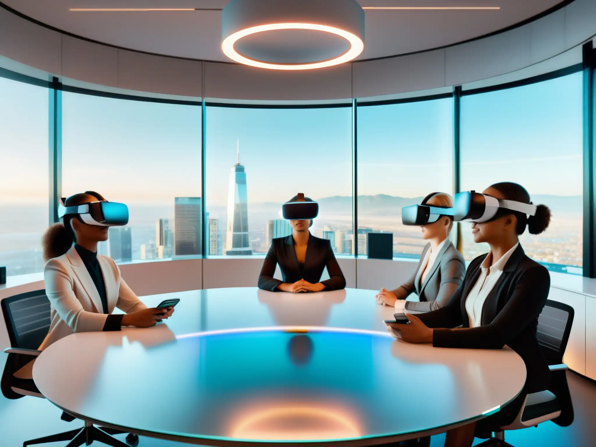 Reunión virtual en oficina futurista con VR Profesionales utilizando herramientas de videoconferencia para trabajo colaborativo en un moderno espacio de oficina futurista con vista a la ciudad