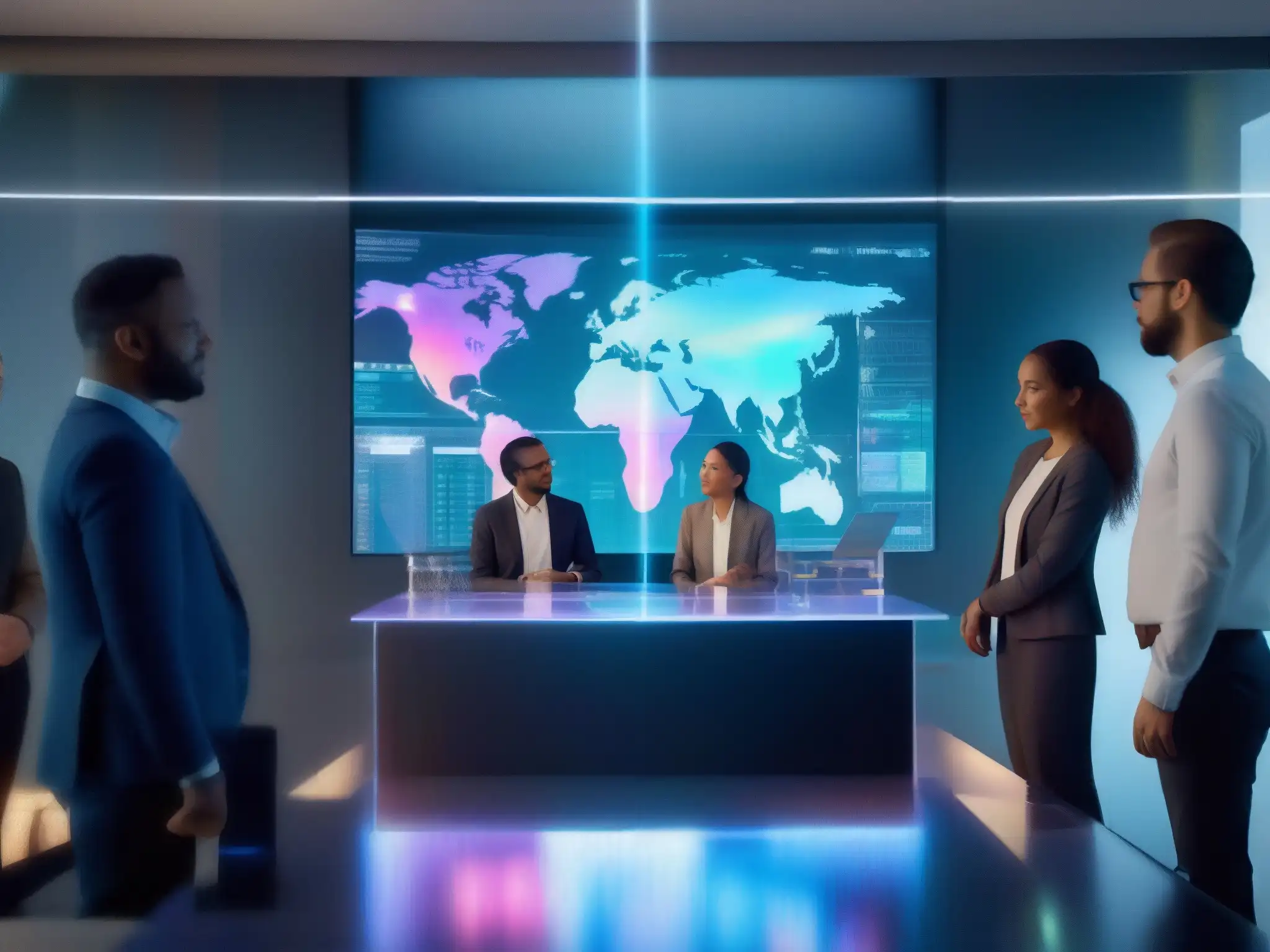 Reunión holográfica: Innovación en videoconferencias Profesionales interactúan con holografías de gráficos en reunión virtual