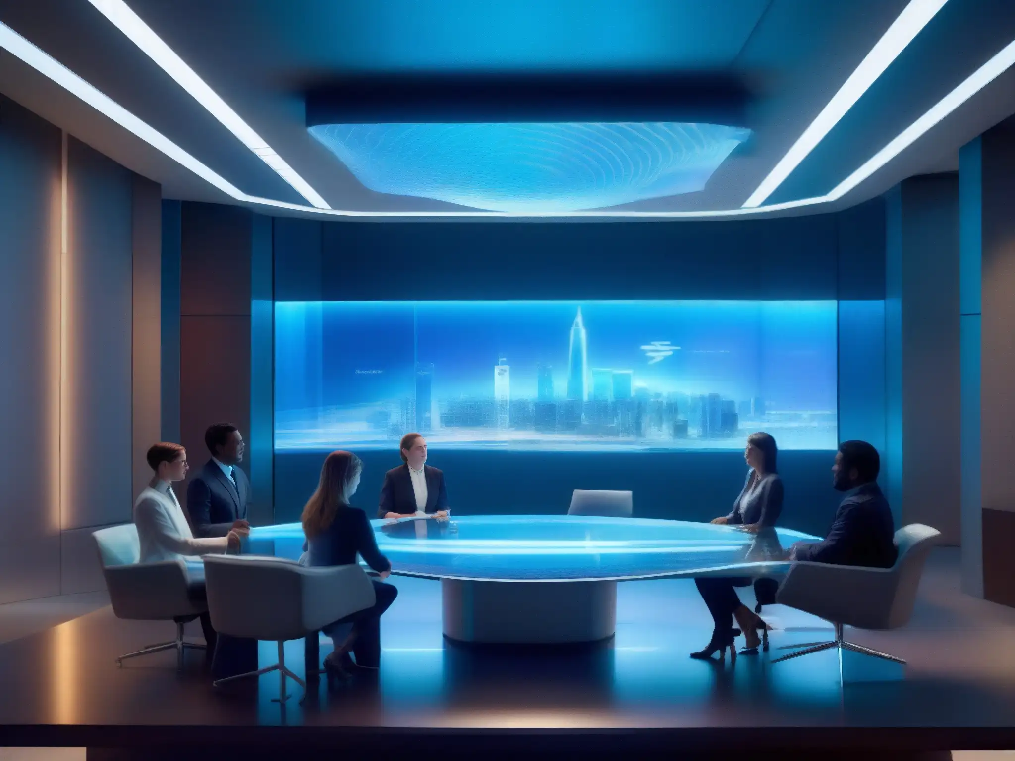 Reunión futurista para diseño arquitectónico 3D Profesionales discuten un holograma arquitectónico detallado en una sala futurista