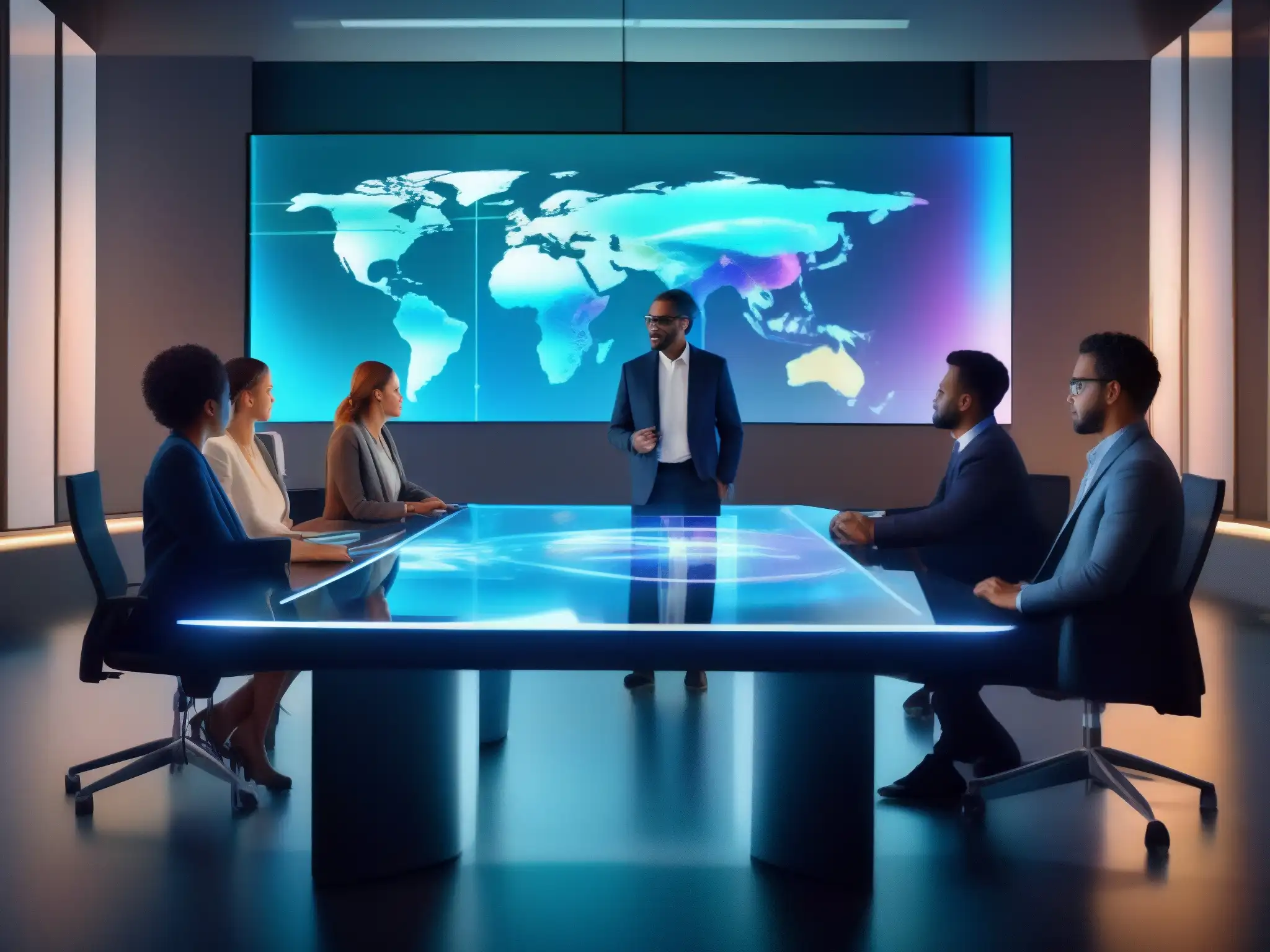 Reunión virtual con hologramas: Profesionales interactúan con datos en 3D Profesionales interactúan con hologramas en reuniones virtuales, creando una atmósfera futurista y dinámica